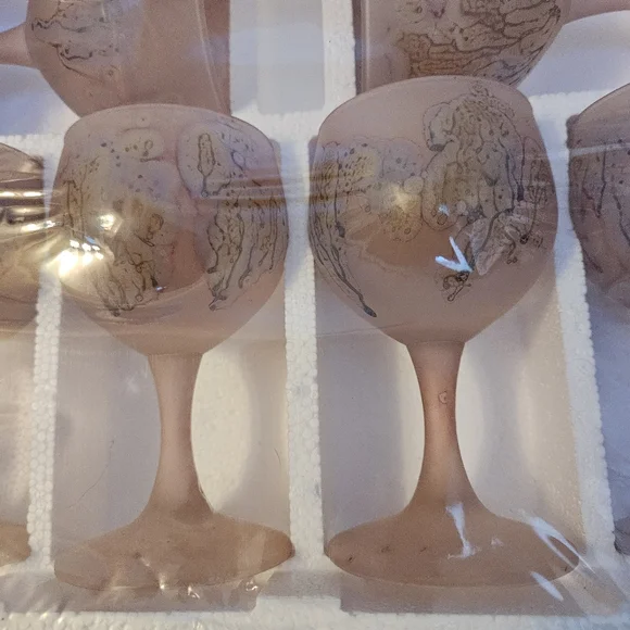 6 Hebron Wine Glass Goblet Nouveau Art Glass Hand Blown